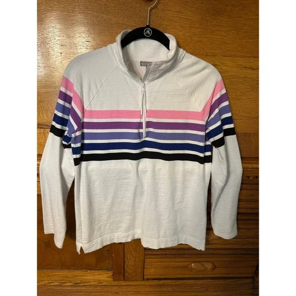 T by Talbots Womens XS White Striped Quarter Zip Pullover UPF 50+ Mock Neck Top - Picture 1 of 11